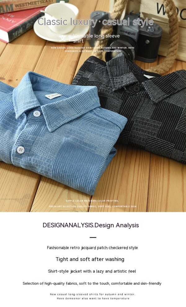 Jacquard Color Matching Casual Denim Long-sleeved Shirt Men's Loose Shirt Coat - Imagen 9