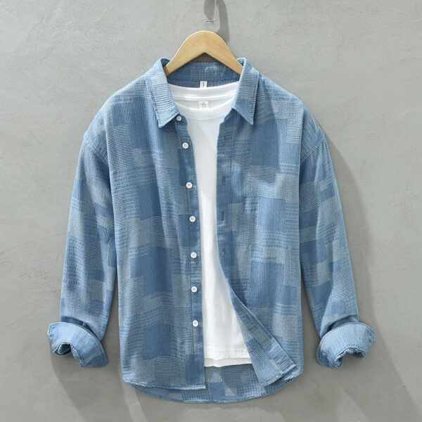 Jacquard Color Matching Casual Denim Long-sleeved Shirt Men's Loose Shirt Coat - Imagen 7