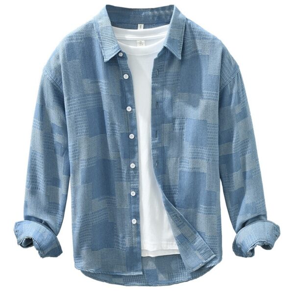 Jacquard Color Matching Casual Denim Long-sleeved Shirt Men's Loose Shirt Coat - Imagen 6